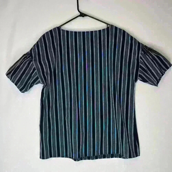 Banana Republic Blouse M Women's Cinched Short Sleeve Navy Gray White Striped - Picture 2 of 5
